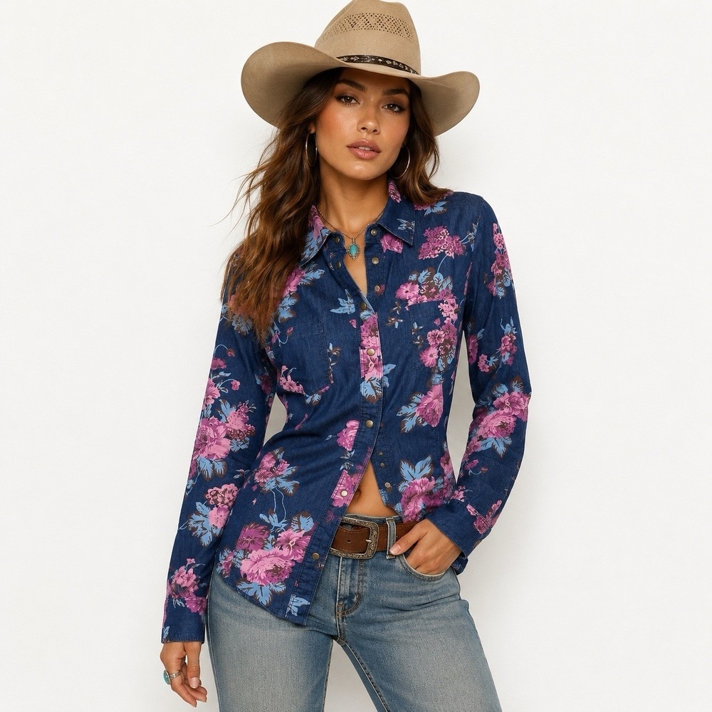 Guess Floral Denim Western Snap Shirt Size Medium Coastal Cowgirl Ranchwear